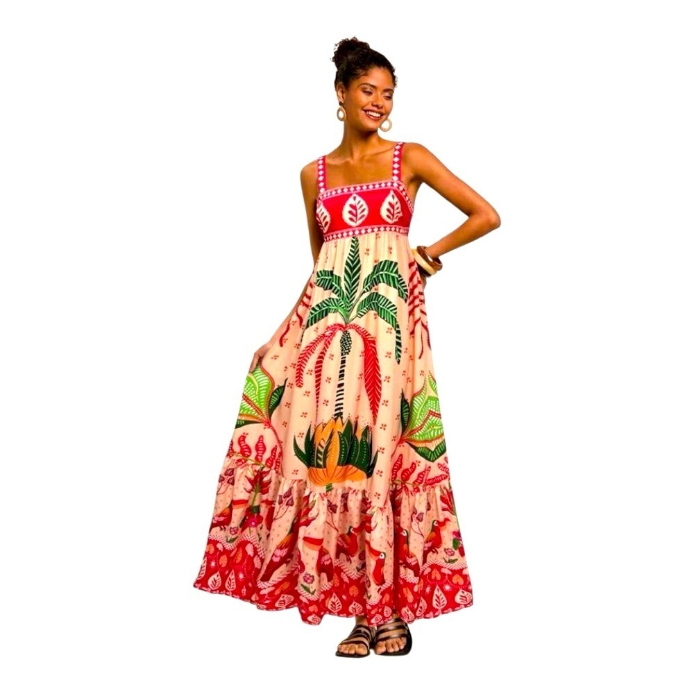 Tropical Plants Print Ruffle Hem Maxi Cami Dress,Sun Dress - Picture 4 of 5